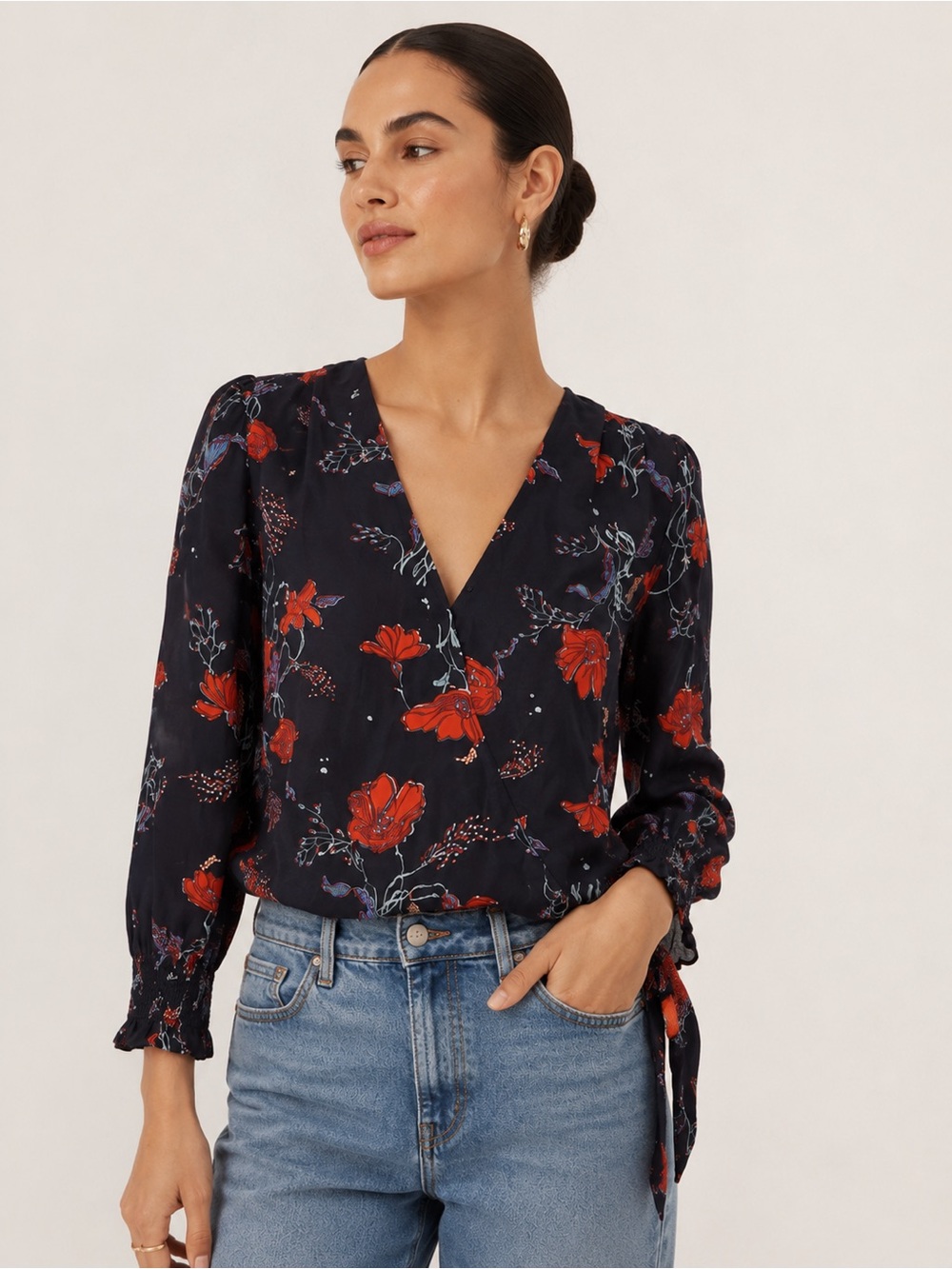 Madewell Silk Smocked-Sleeve Wrap Top